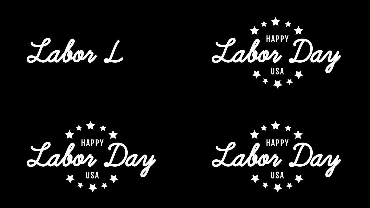 美国劳动节快乐，透明背景alpha通道上的文字动画。