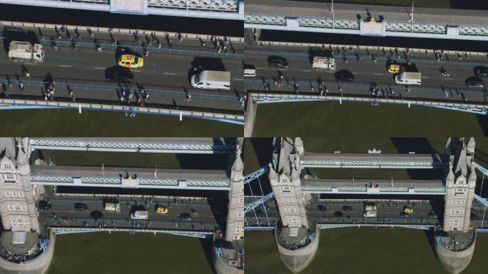 俯瞰泰晤士河上的塔桥，这是伦敦的标志性标志。通勤者和过往的车辆。用红色武器8K拍摄。