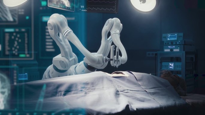 未来医院:心脏移植手术病人躺在手术台上，机器人手臂在做纳米手术。自动机械肢体操作人员，视觉特效全息显