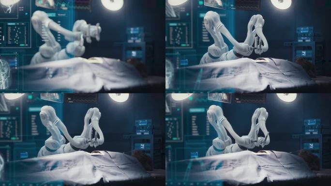 未来医院:心脏移植手术病人躺在手术台上，机器人手臂在做纳米手术。自动机械肢体操作人员，视觉特效全息显