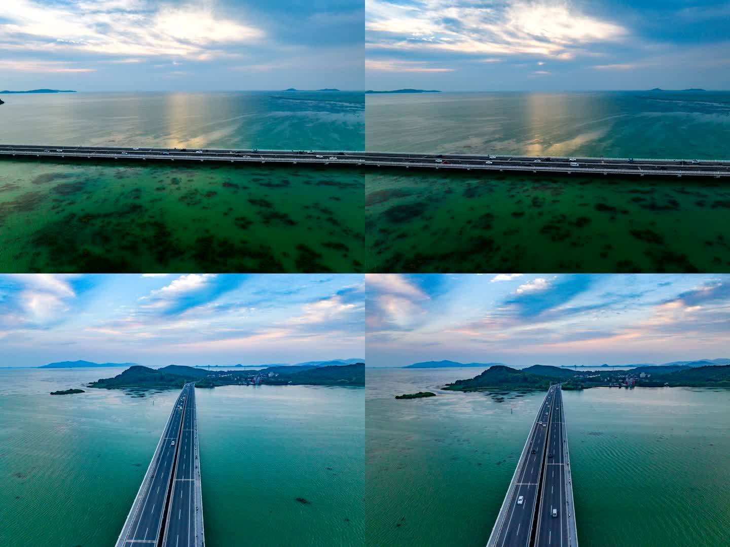 航拍苏州大湖大桥日落延时摄影