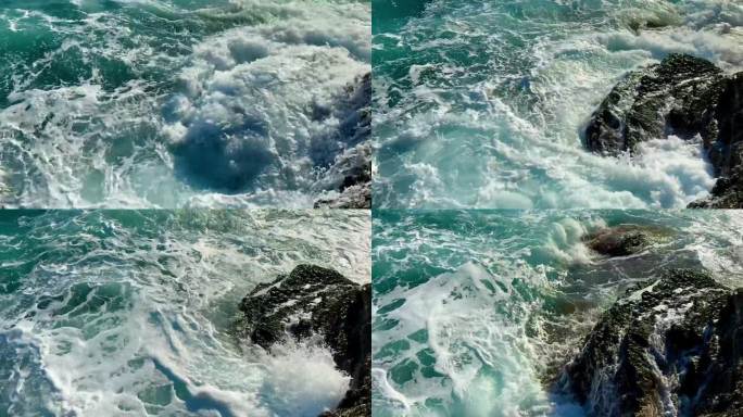 海浪拍打着岩石。海泡石。风暴