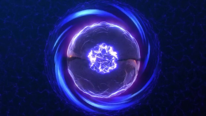 紫蓝色能量球发光明亮的旋转隧道，原子与移动的核心和等离子魔法场