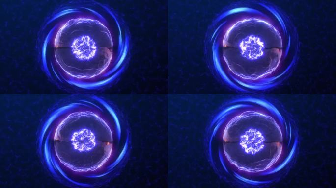 紫蓝色能量球发光明亮的旋转隧道，原子与移动的核心和等离子魔法场