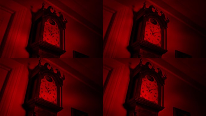 红色灯光下旧钟上令人毛骨悚然的阴影