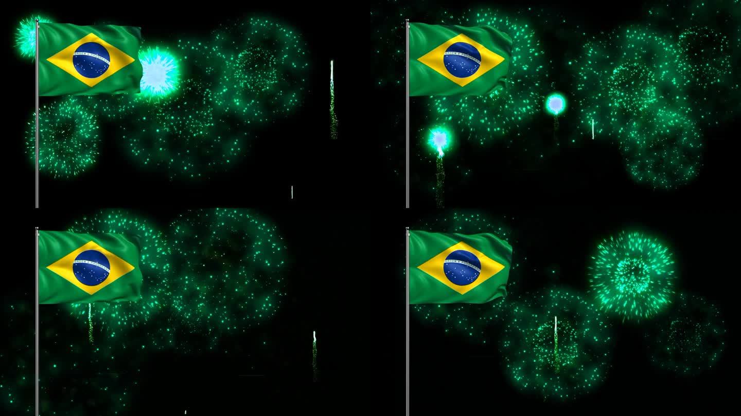 巴西国旗背景与旗杆和烟花。巴西国旗挥舞动画，伟大的巴西国庆节，独立日，新年和更多的巴西事件。环旗