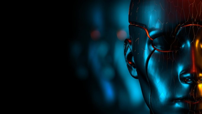 在人工智能3d 4k动画中，一个未来的人形机器人睁开眼睛，作为觉醒意识的想法