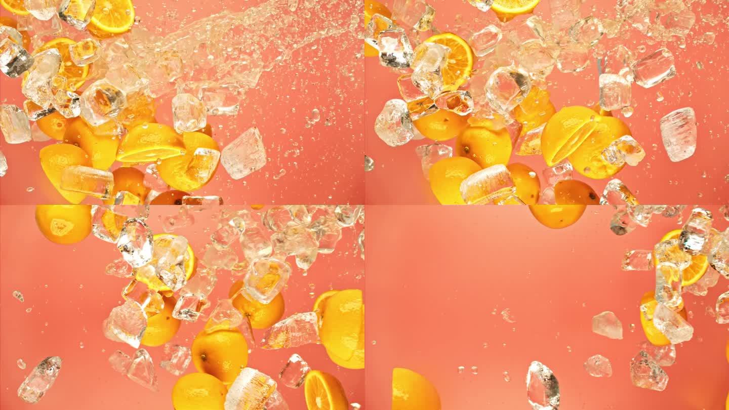 多汁的甜橙和飞冰块或水飞溅或倒滴果汁在1000帧/秒的超级慢动作。柑橘橙片和冰落或爆炸在粉红色的背景