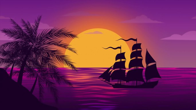 日落时的帆船，无缝循环播放4K动画