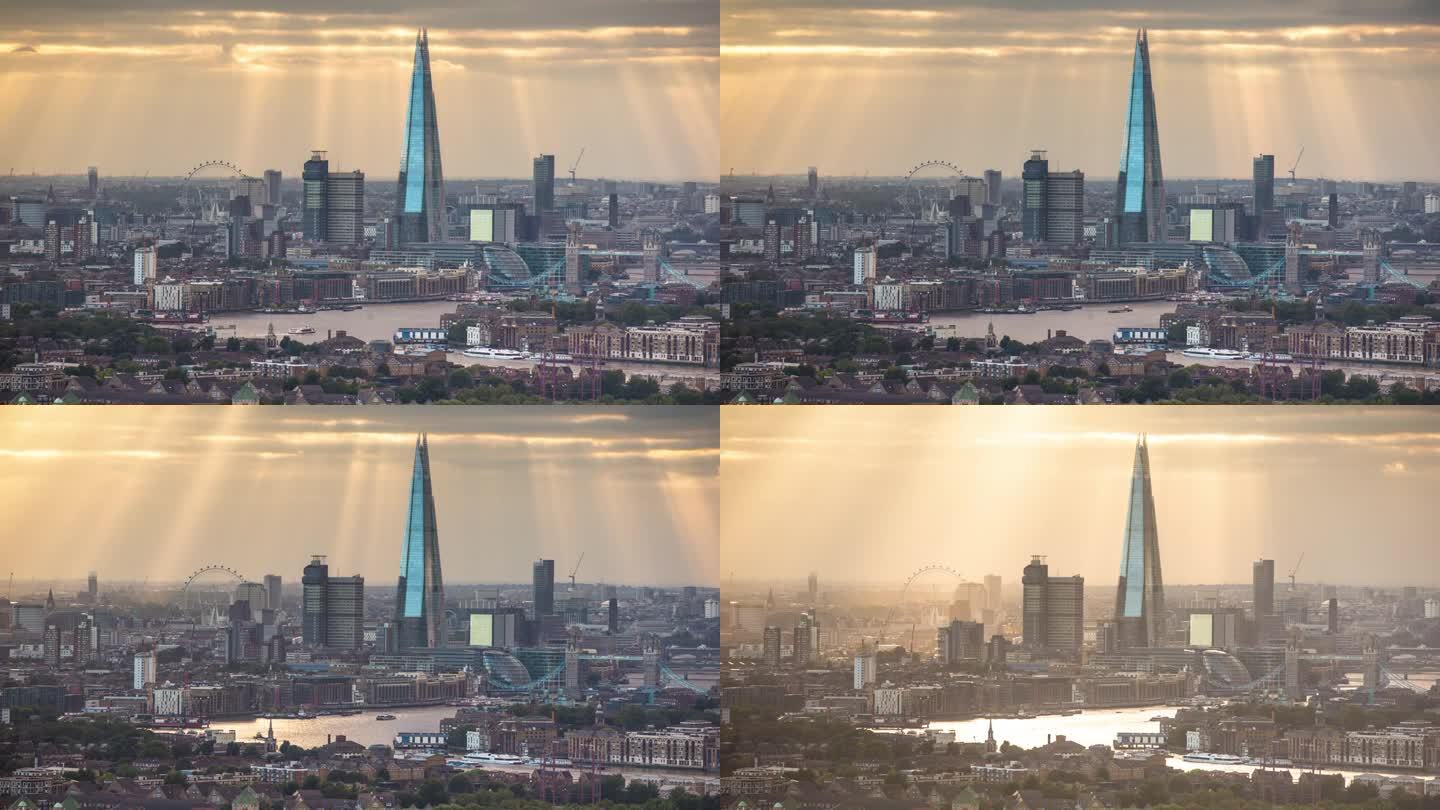 伦敦天际线时间轴丁达尔光大景全景俯瞰鸟瞰