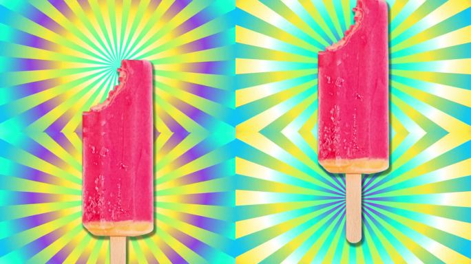 视频的冰淇淋或水果冰隔离在一个色彩渐变的复古背景。黄色、橙色和红色的冰淇淋放在一根棍子上。垂直冰淇淋
