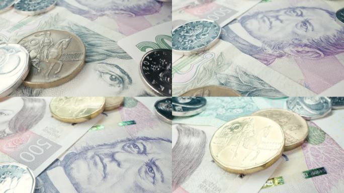 捷克克朗现金货币宏观背景。Ceska克朗。钞票和硬币，霓虹灯