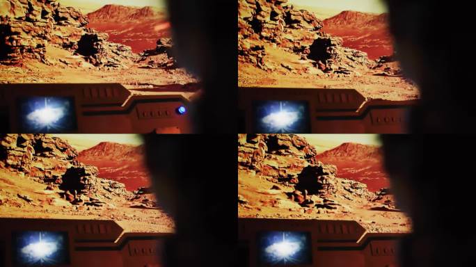 红色星球火星表面探测。驾驶员的POV宇航员驾驶摇晃的火星探测器