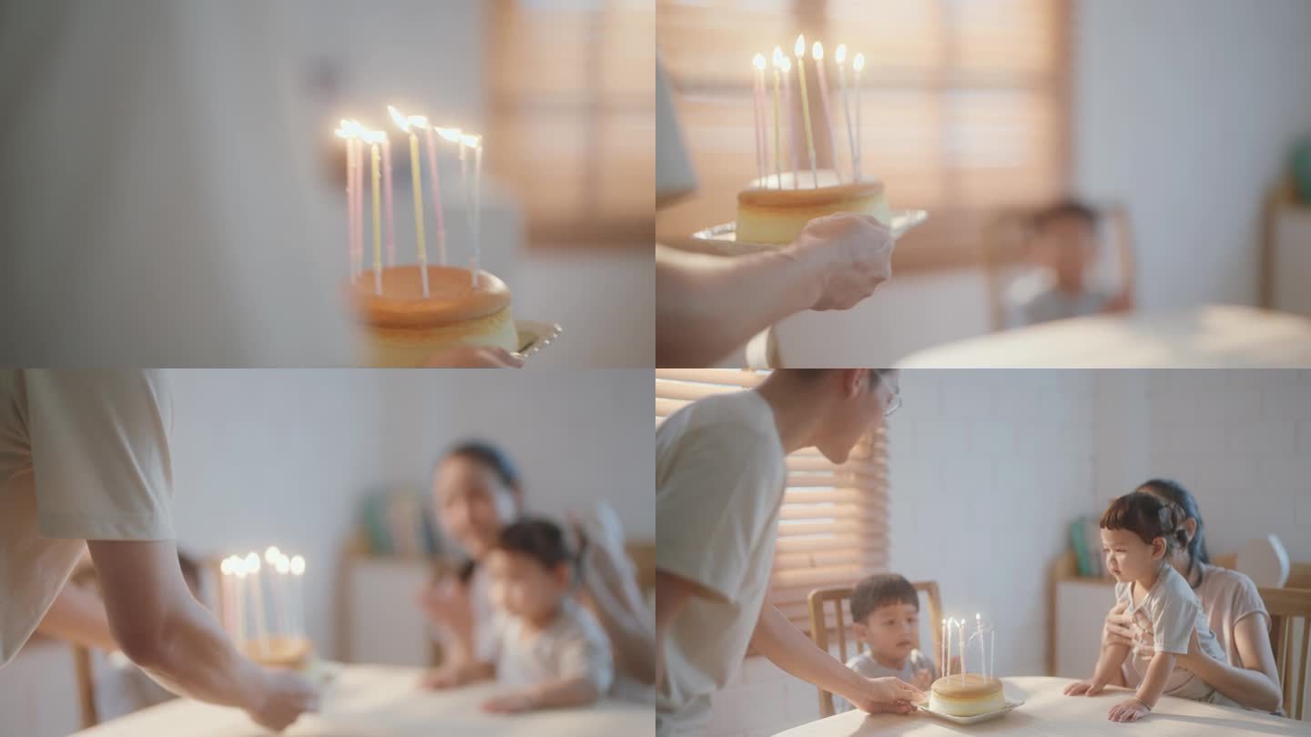 快乐的亚洲家庭在家里与儿子和女儿庆祝生日。