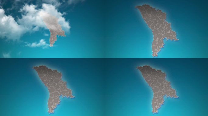 摩尔多瓦国家地图与放大在现实的云飞过。摩尔多瓦地图上的相机放大天空效果。背景适合公司介绍，旅游，演讲