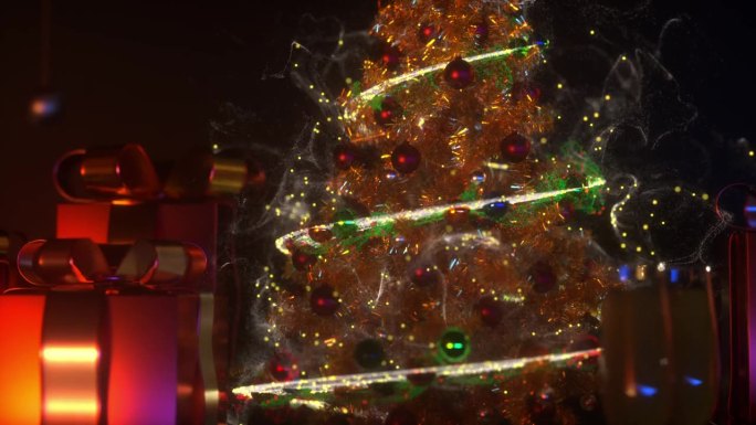 被动态粒子包围的神奇圣诞树