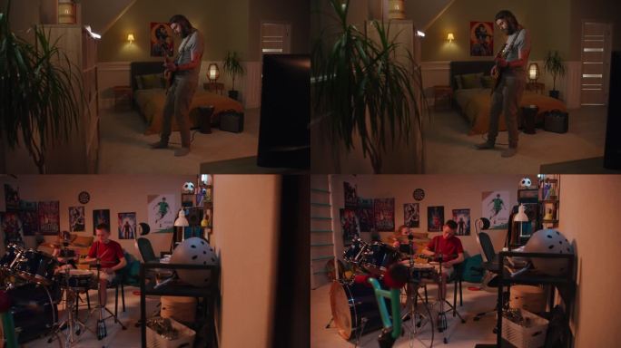 男子在卧室里弹电吉他。镜头切换到住在隔壁的男孩和女孩。