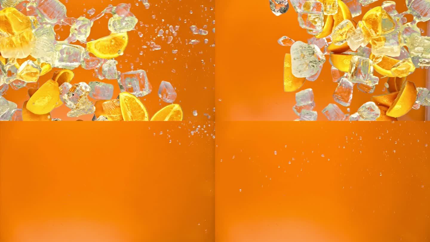 新鲜多汁的橙子和果汁，冰块和水滴飞溅倒在超级慢动作1000 fps。柑橘橙片和冰块飞或落在橙色的背景