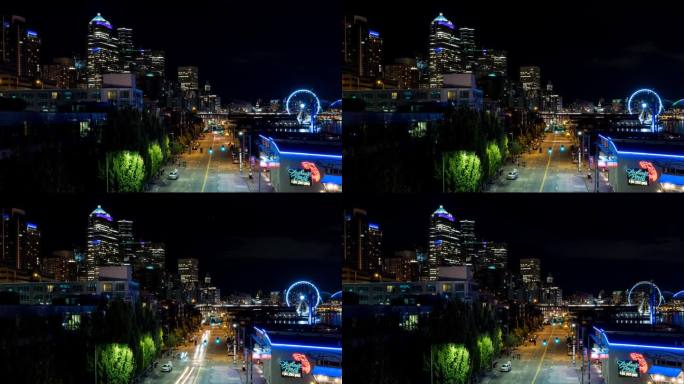 西雅图码头和夜间天际线的超缩图
