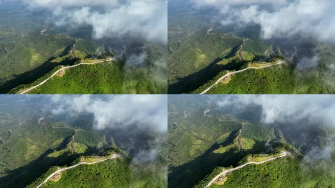 鸟瞰山坡上的道路，山的最高点在完全被森林覆盖的山脉中是美丽的，克卢德火山和蓝色的火山口，克卢德火山，