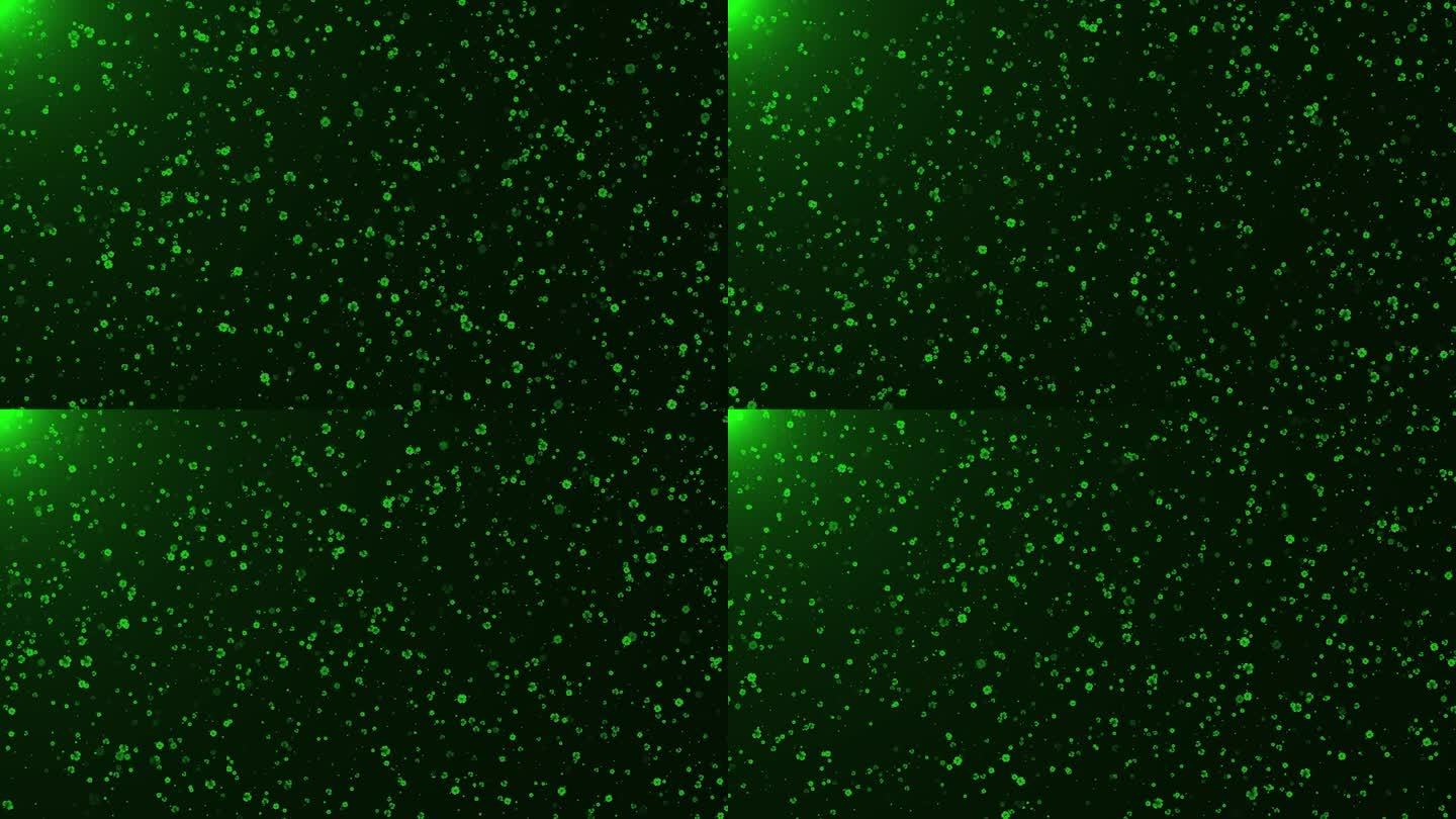 4K三叶草圣帕特里克节假期绿叶三叶草落屑闪闪发光的雨背景背景视频