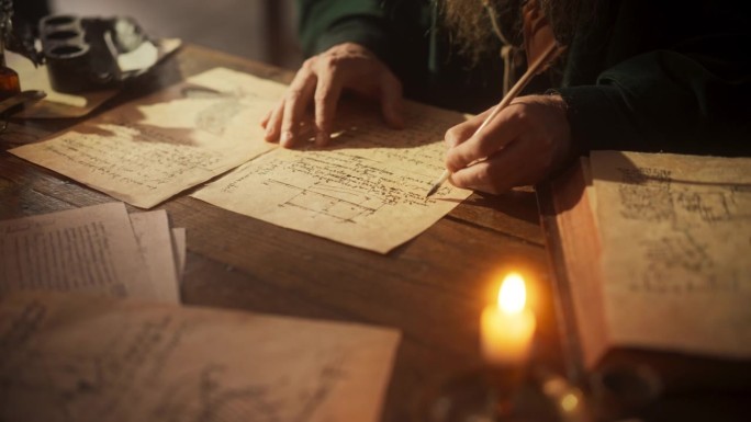 镜头运动显示铭文和注释，导致文艺复兴时期的老男性用墨水和羽毛笔写下新的想法。专注的历史学家做笔记，发