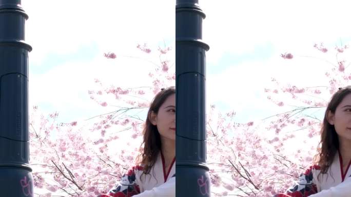 在温哥华的春天里，穿着刺绣衬衫的女孩站在樱花的背景下看边拍照，站在铁桥上摆出东方式美丽天真的甜美女子