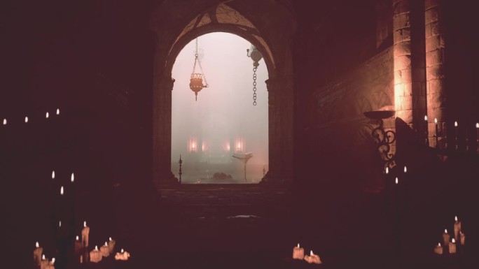 灯光昏暗的哥特式寺庙，摇曳的蜡烛