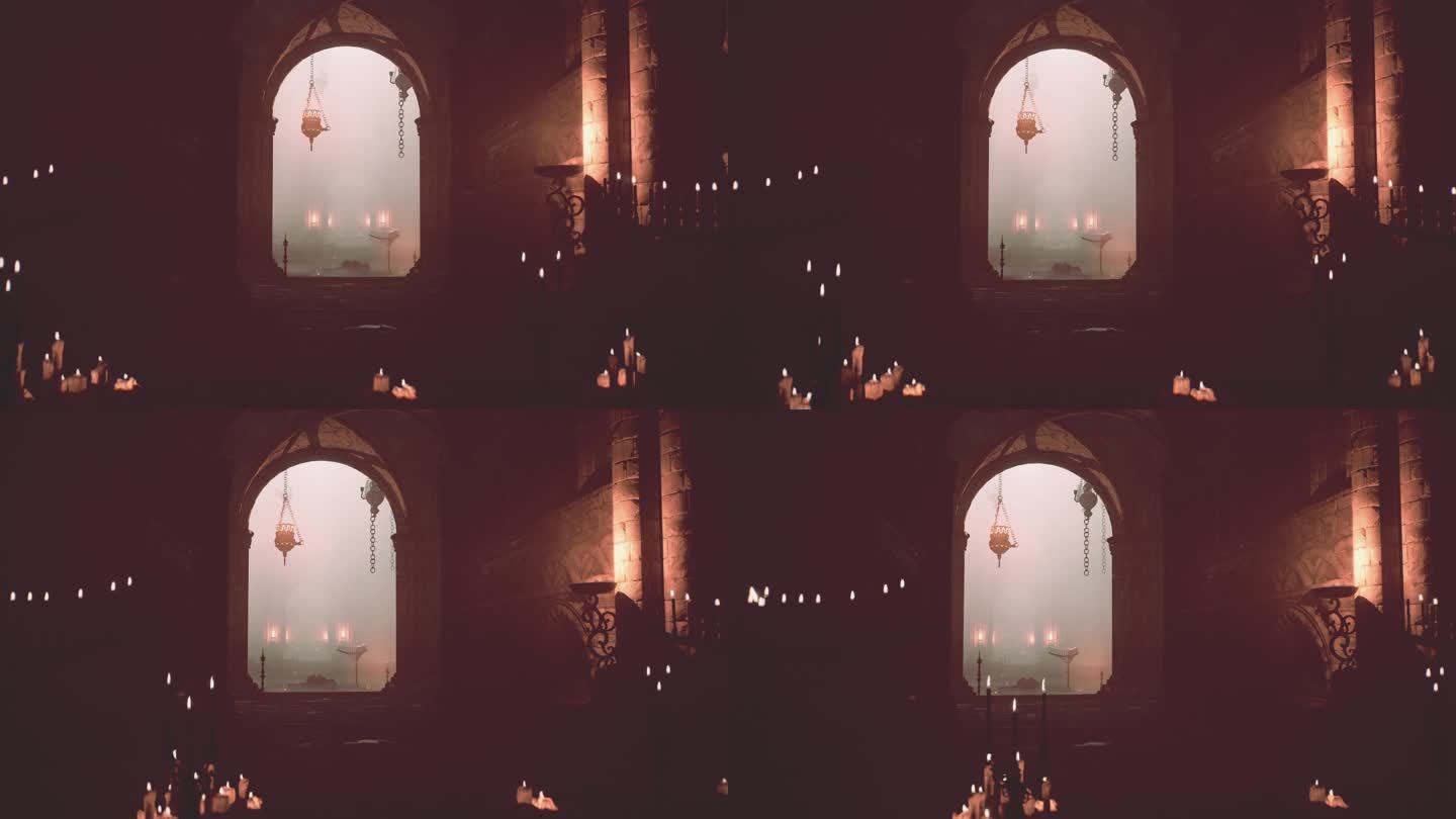 灯光昏暗的哥特式寺庙，摇曳的蜡烛