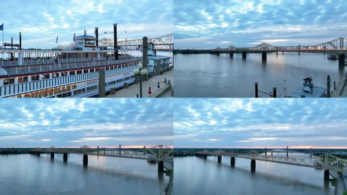 日出时路易斯维尔渡轮的航拍视频，吊杆高达四座桥