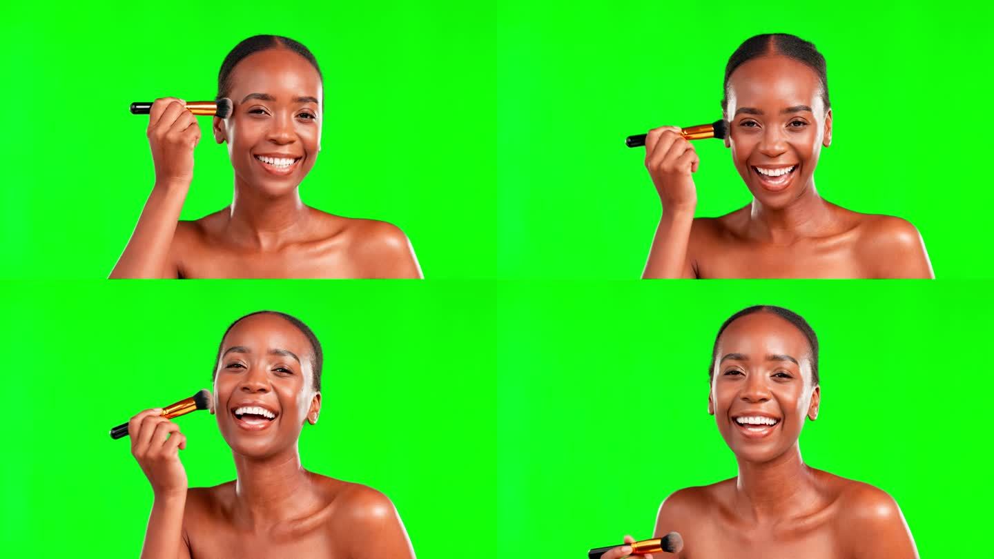 脸，美容和黑人女性的刷子，护肤和治疗的工作室背景。肖像，非裔美国女性和女士化妆工具，绿色屏幕和幸福光
