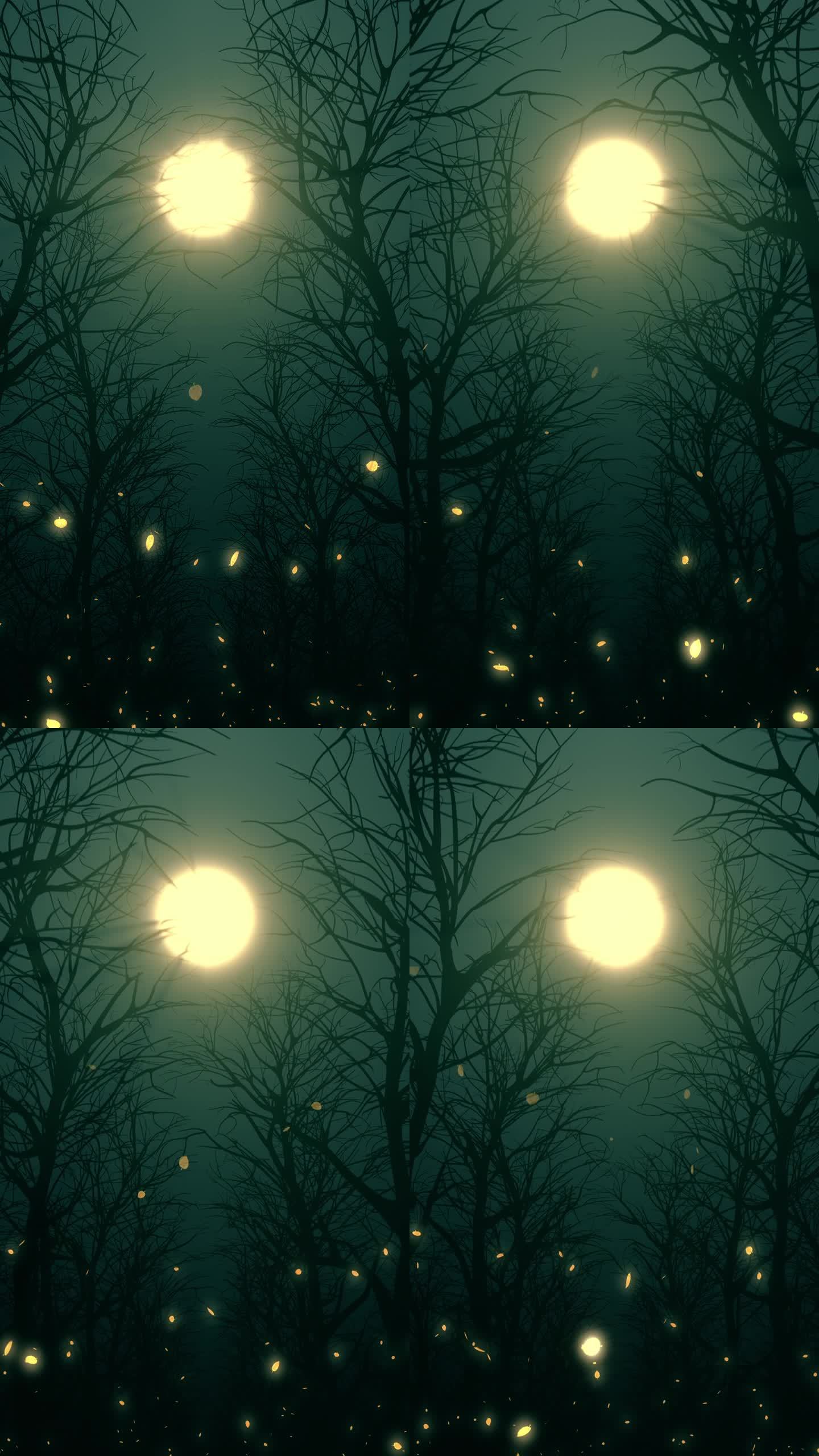 月光的垂直影像照亮了秋天森林里的落叶