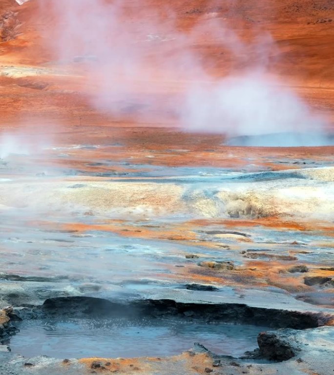 竖屏:冰岛地热区。硫磺谷的火星景观。著名的旅游景点Hverir。Myvatn湖附近真正的火山活动。社