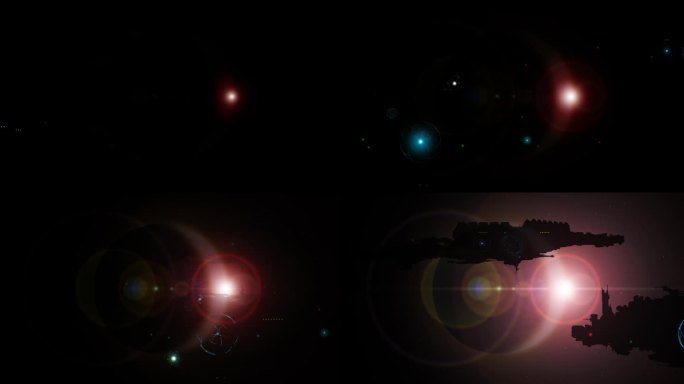 一场日全食，美丽的相机镜头在星空中闪烁，流星落下，神秘的宇宙飞船飞过。4k视频动画。