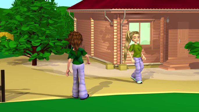 3d动画，两个卡通人物在森林里的木屋附近行走和仰望