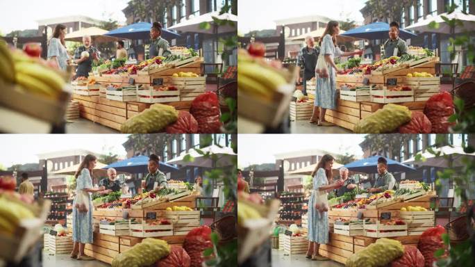 中年夫妇在农贸市场做小生意，卖有机水果和蔬菜。购买食物的年轻女性，选择新鲜的小西葫芦或西葫芦