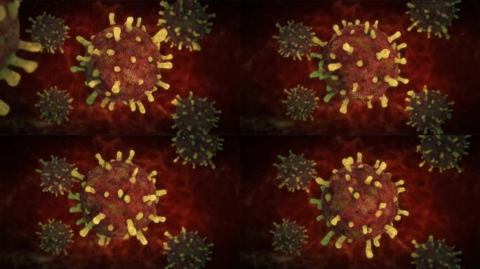 旋转病毒模型的3D动画。显微镜下的细菌、病毒或细菌。医学科学概念。