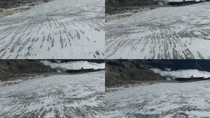 在冰川上空飞行的无人机视图，从云层上看出去