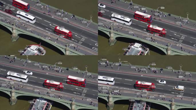 威斯敏斯特大桥上的通勤者和交通鸟瞰图。面部识别界面显示每个人的个人数据。监测的概念。人工智能。