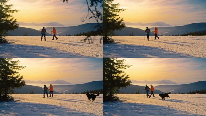 黄昏时分，一对老年夫妇带着他们的伯尔尼山狗在雪山上徒步旅行