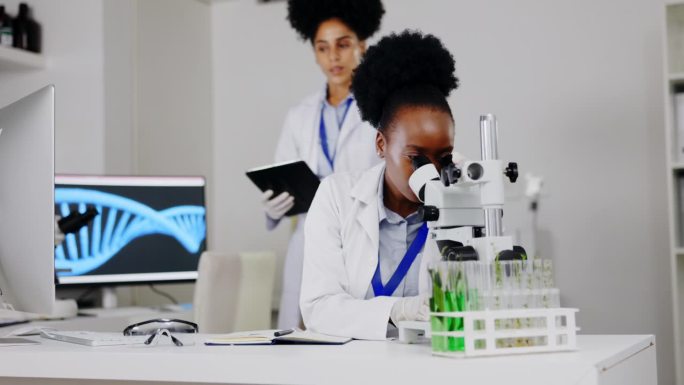 科学家用显微镜、团队合作和妇女用平板电脑进行植物研究或获取信息。科学、技术和女医学博士与实验室助理谈