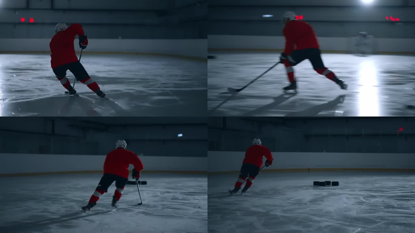 一段动感十足的视频，一名身穿红色球衣的冰球运动员在冰上训练，展示了令人印象深刻的技术，并打进了一球