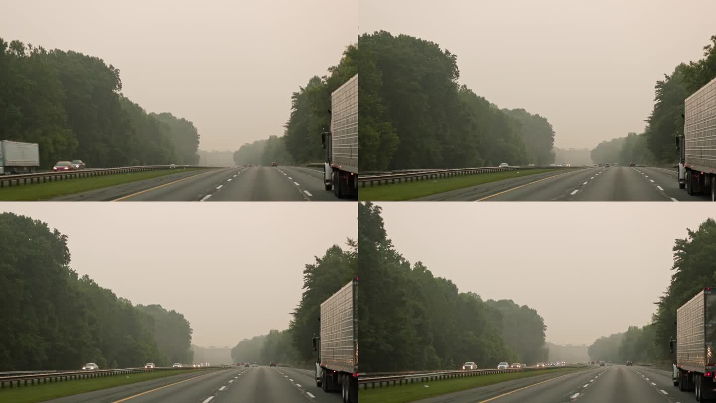 在雾霾条件下驾驶:烟雾笼罩了马里兰州的道路。驾驶板摄影机运动