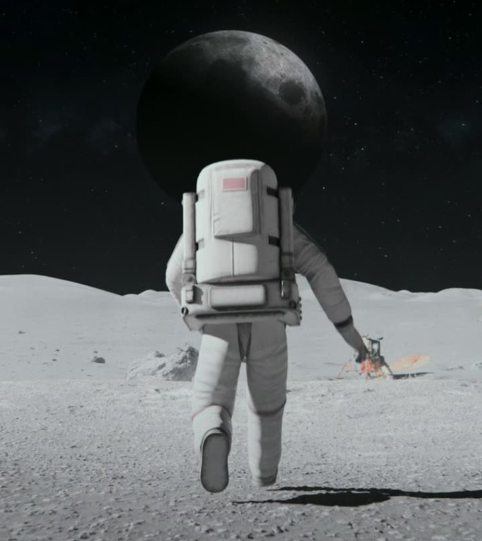 宇航员探索太空行星。遥远的月亮在天空中，覆盖着岩石。第一位宇航员登上太空星球。月球车和基站。先进技术