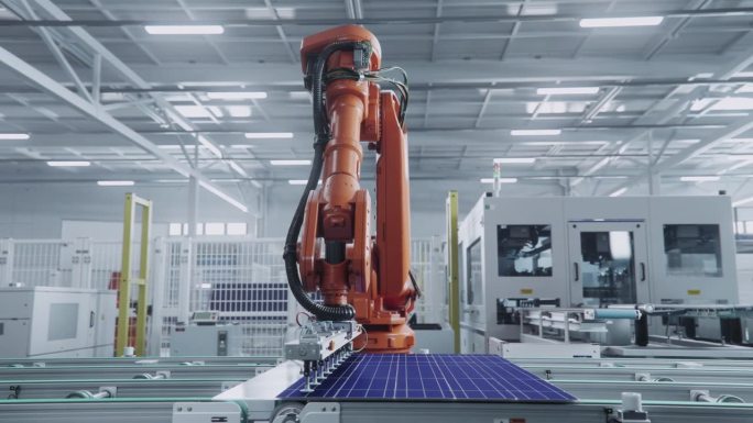 橙色工业机器人手臂组装太阳能电池板，放置光伏电池。自动化太阳能板生产线。现代化，明亮的生产设施。