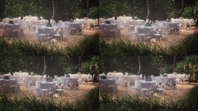 户外餐厅森林花园的空柳条桌椅