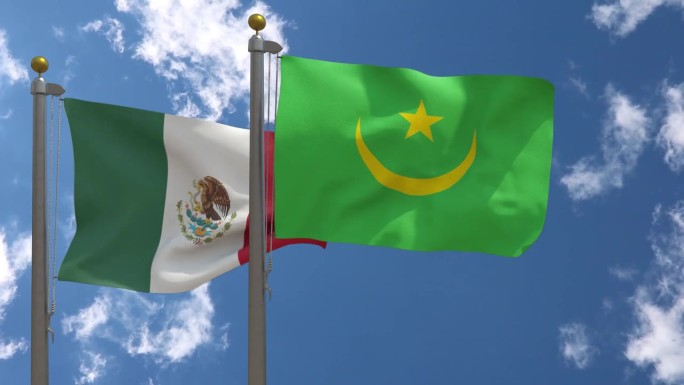 墨西哥国旗与毛里塔尼亚国旗在一个杆子上，3D渲染，两个旗帜