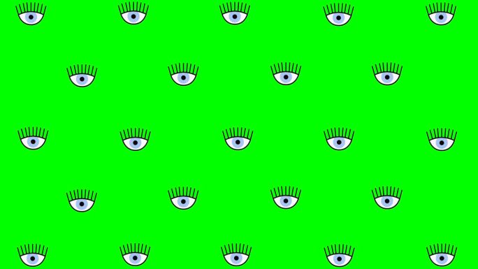 时髦的卡通背景或动画的很多眨眼的眼睛在绿色色度键背景