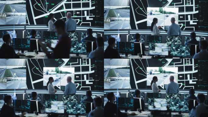 未来城市物流规划监控中心，不同的男性和女性官员在大数字屏幕上分析现场监控录像。优秀的专家团队在办公室