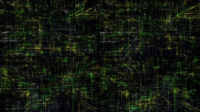 黄绿夏日全球网络快速海量链接代码背景。色彩信号媒体网理念无缝创意。飞线痕迹数据五彩缤纷的舞台设计。多